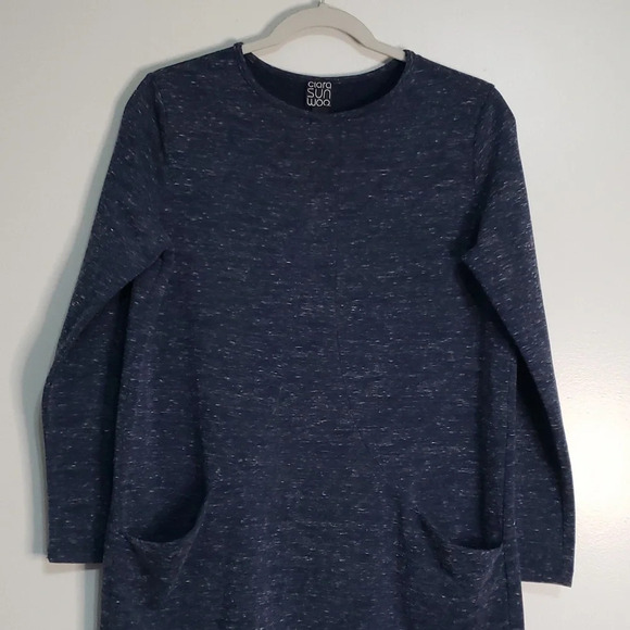 Clara Sun Woo Shift Dress Small Heather Navy Blue Minimalist Designer Pockets - Picture 2 of 10